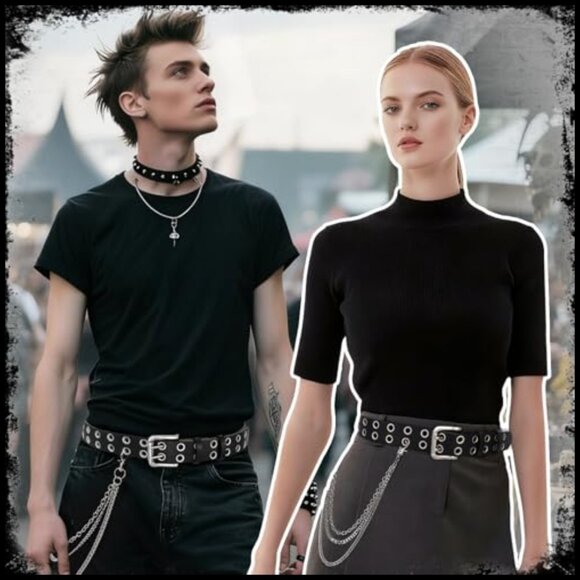 Quality Leather Double Grommet Studded Belt with Detachable Chain